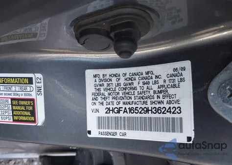 2009 Honda Civic Lx z USA, uszkodzony, nr VIN 2HGFA16529H362423